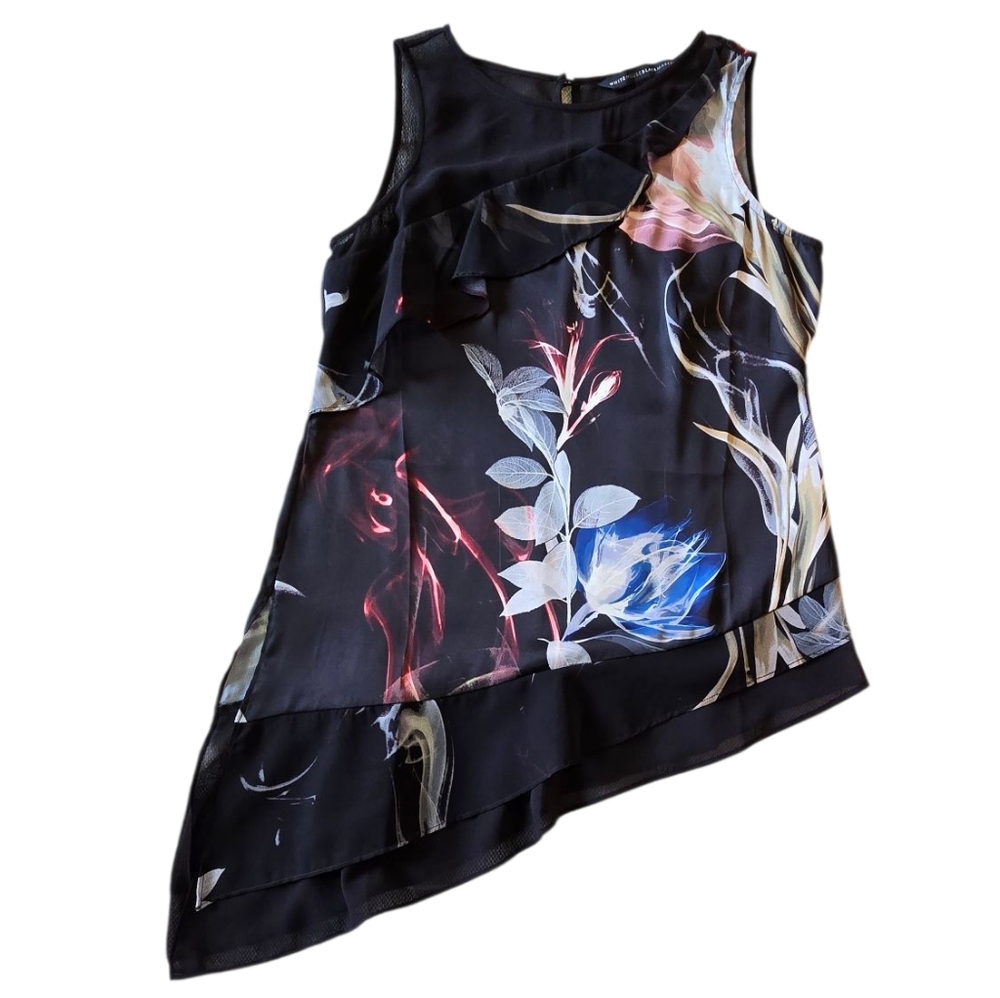 White House Black Market Black and Multicolor Floral blouse, asymmetrical